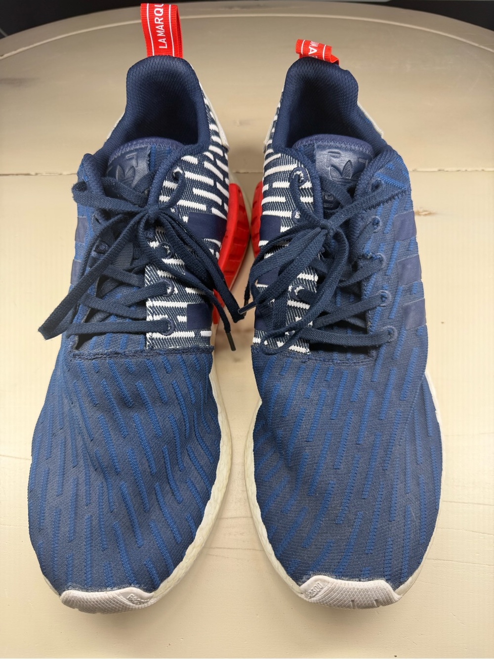 adidas NMD Runner Navy Blue & White Athletic Sneakers w/ Red Heel Tab. Men’s 14